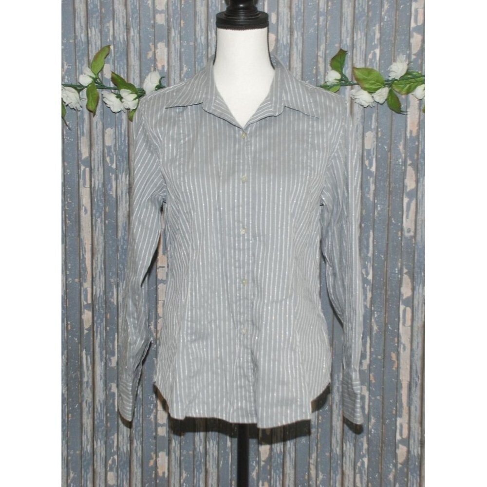 Chico's Ladies Top Size Large Gray Glittered Stripes Collared Button Long Sleeve